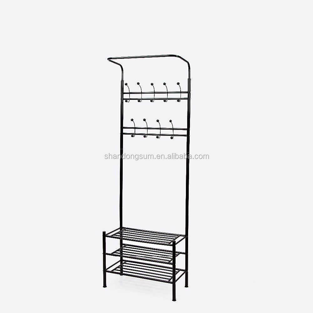 Metal Multi-purpose Coat Rack 3-Tier Shoes Rack With Hanging Hooks