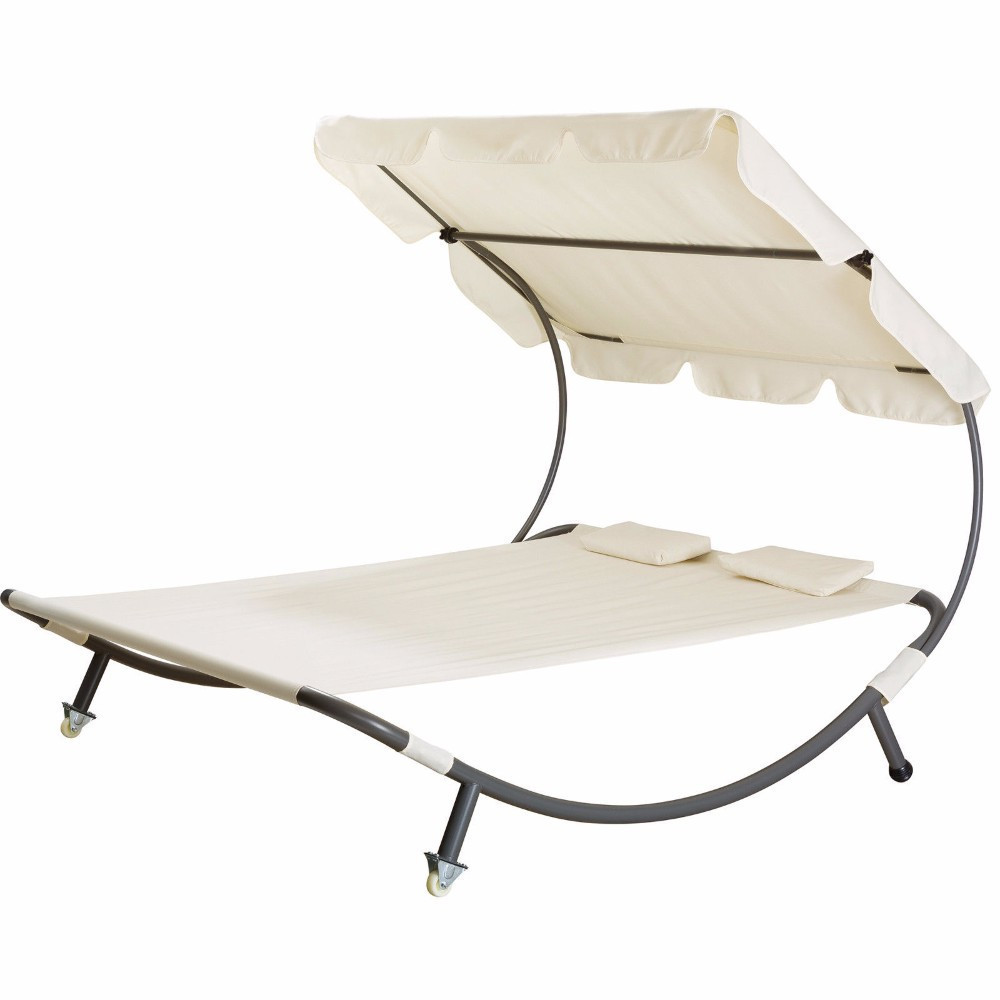 Patio Outdoor Portable Double Chaise Lounge Hammock Bed with Sun Shade and Wheels