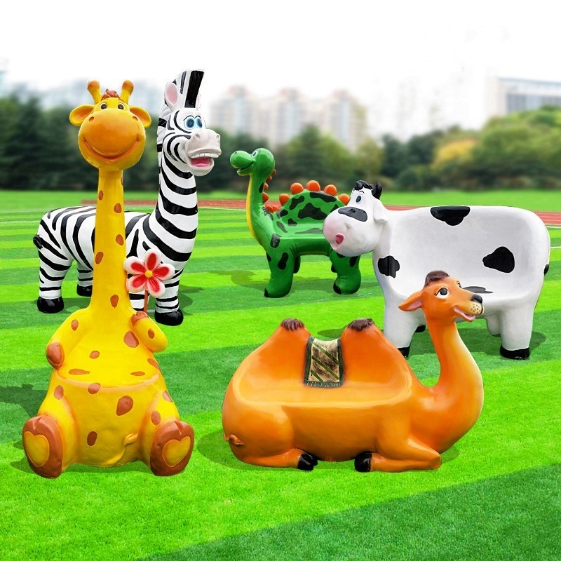 2021 Factory price New Design Kids amusement prop fiberglass cartoon animal dinosaur statues bench for shopping mall decoration