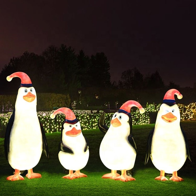 Life Size Animated Statue Lighting Fiberglass Christmas Penguin Deer Statue For Garden