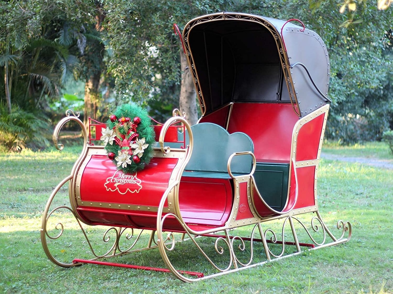 factory hand made life size christmas fiberglass santa sleigh with seats for sale