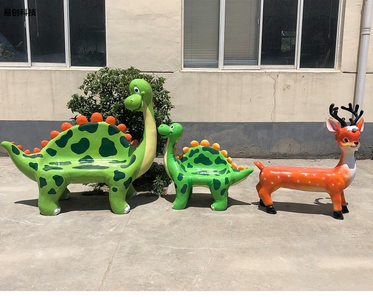 2021 Factory price New Design Kids amusement prop fiberglass cartoon animal dinosaur statues bench for shopping mall decoration