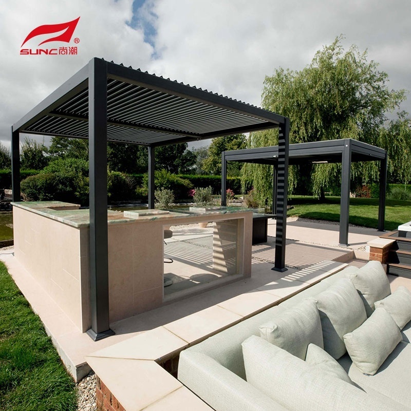 Modern Electric Pergola Gazebo Outdoor Bioclimatic Solar Panel Waterproof Motorized Louvered Aluminium Pergola Patio