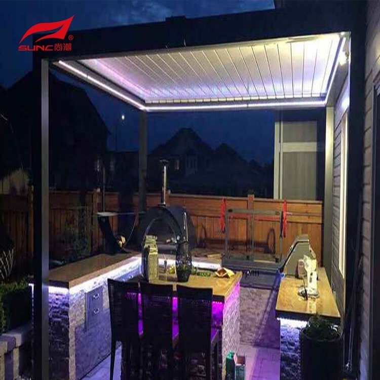 SUNC RGB Light Modern Bioclimatic Pergola Gazebo with Blinds Glass Door Outdoor Waterproof Motorized Louvered Aluminum Pergola