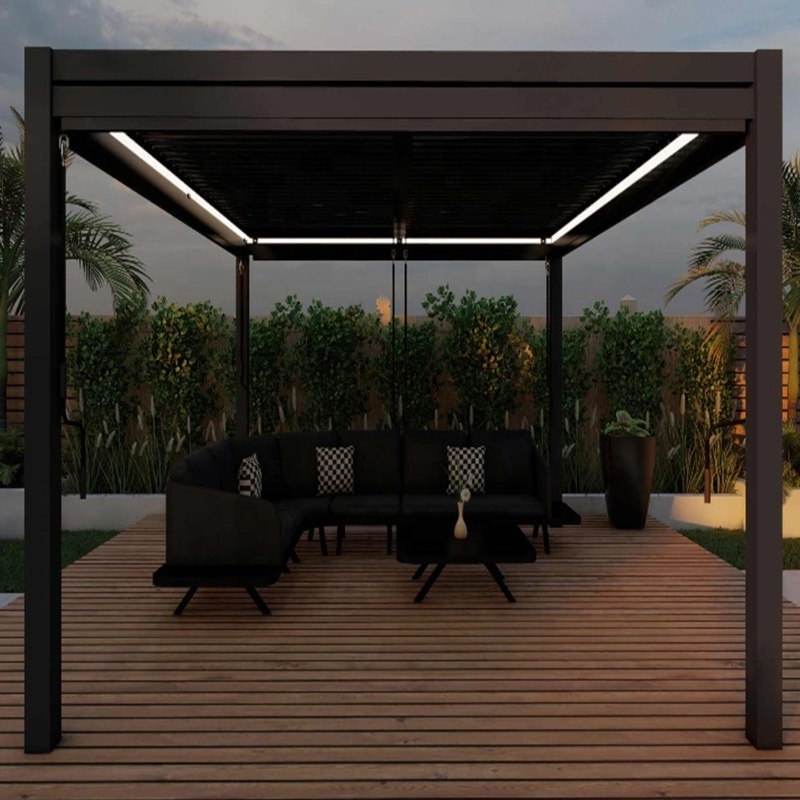 hot sale motorized aluminum pergola with rain and wind sensor electric pergola roof system waterproof retractable roof pergola