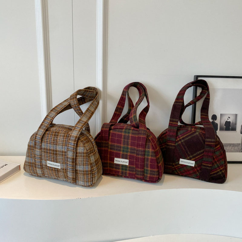 Korean Winter Retro Style Tartan Woolen Fabric Plaid Class Tote Underarm Purse Soft Casual Hobo Travel Bucket Handbag