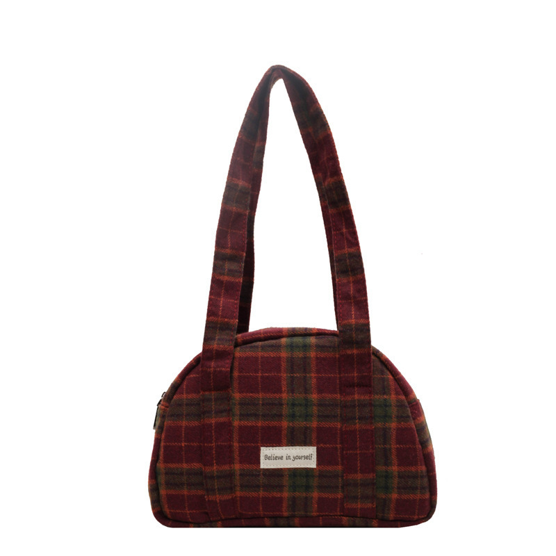 Korean Winter Retro Style Tartan Woolen Fabric Plaid Class Tote Underarm Purse Soft Casual Hobo Travel Bucket Handbag