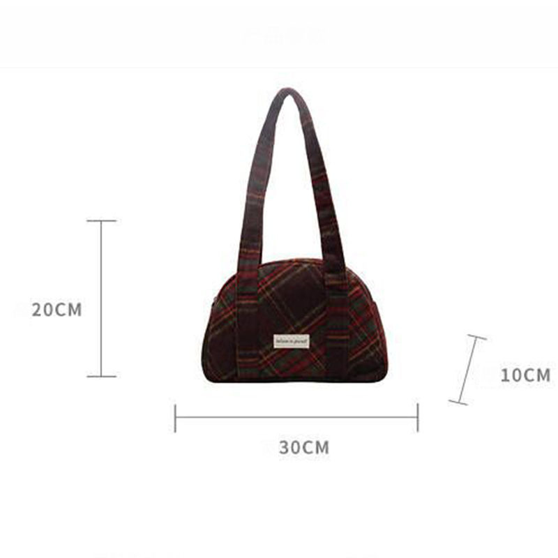 Korean Winter Retro Style Tartan Woolen Fabric Plaid Class Tote Underarm Purse Soft Casual Hobo Travel Bucket Handbag