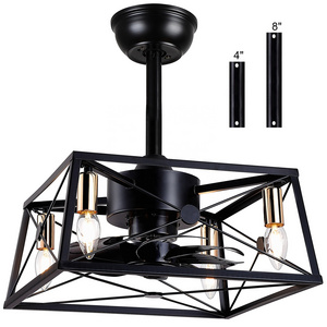 Modern Decorative Vintage Square Cage Ceiling Fan Remote Control Bladeless Black LED Ceiling Fan With Light