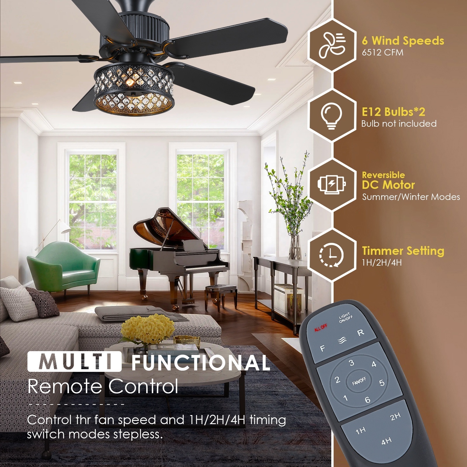 Farmhouse Decor Modern Inverter Dimmable Smart Chandelier Light Crystal Black AC LED Ceiling Fans With Light and Remote