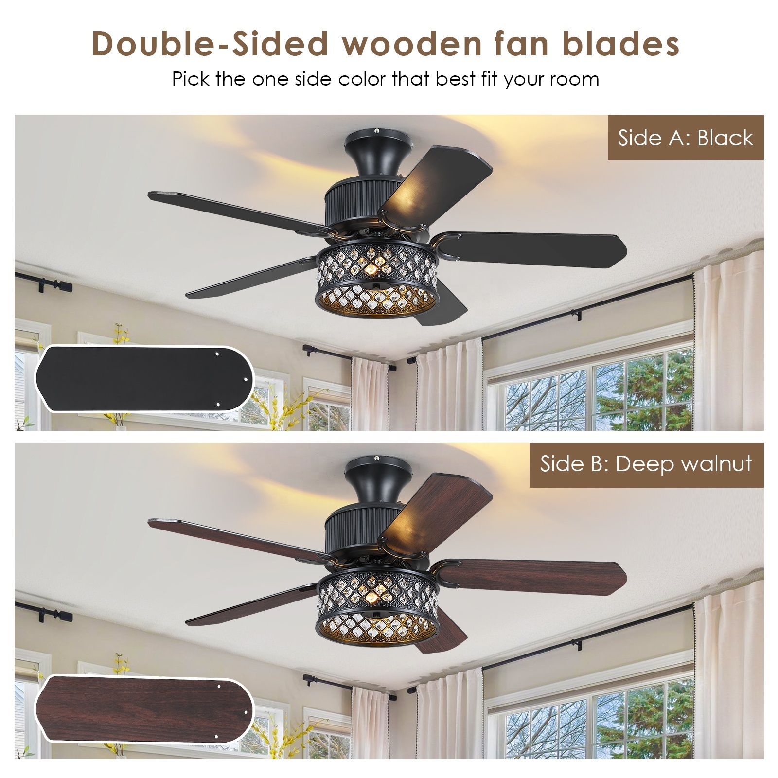 Farmhouse Decor Modern Inverter Dimmable Smart Chandelier Light Crystal Black AC LED Ceiling Fans With Light and Remote