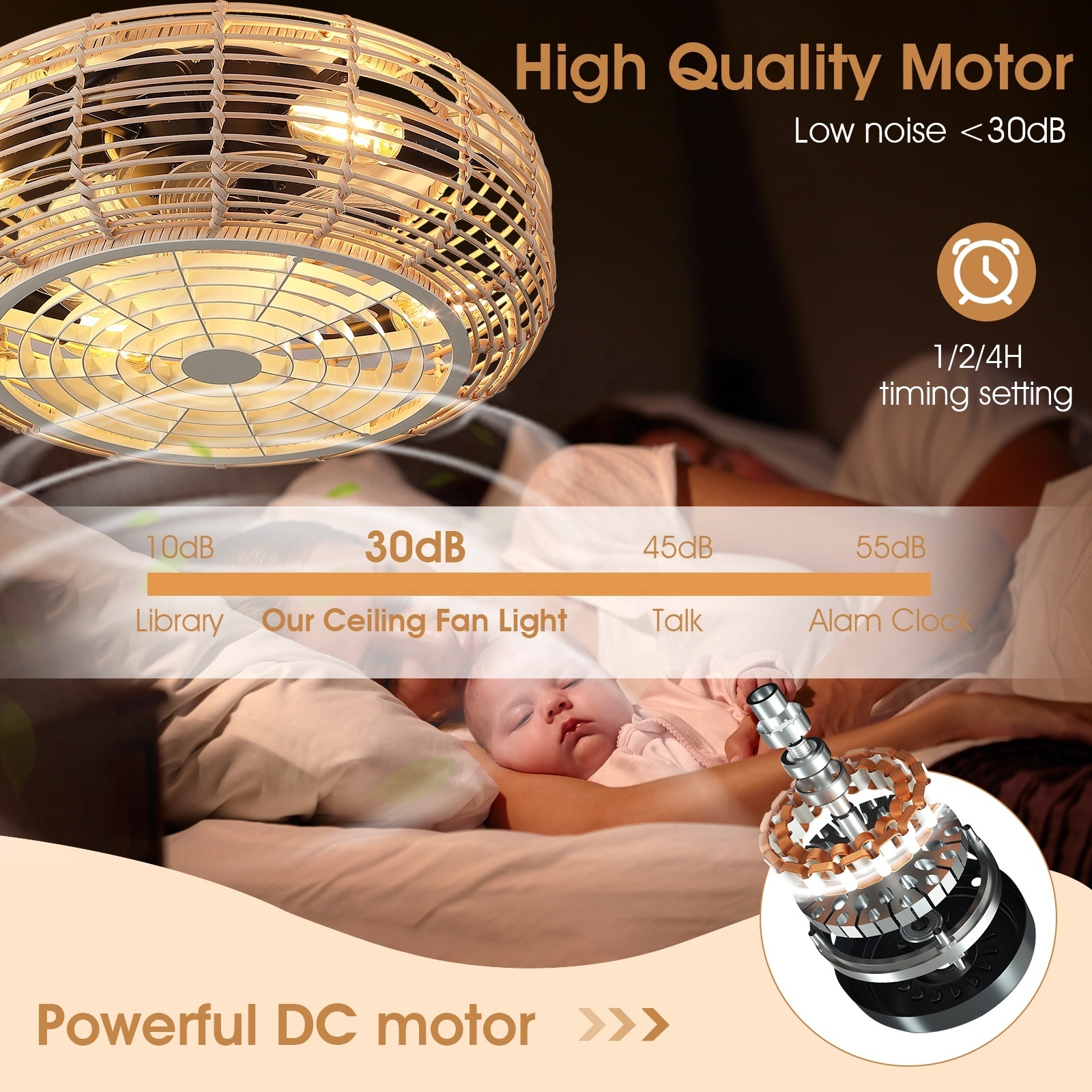 Flush Mount Vintage Boho Style Bladeless Ceiling Fan Light With Remote Control  Low Profile Led Ceiling Fan With Light