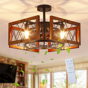 Farmhouses Decorative Black Vintage Wood Ceiling Fan Remote Control Bladeless Caged LED DC Ceiling Fan With Light