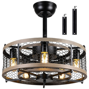 Farmhouses Decorative Vintage Wood Ceiling Fan Remote Control Bladeless Caged LED Ceiling Fan with Light for Home