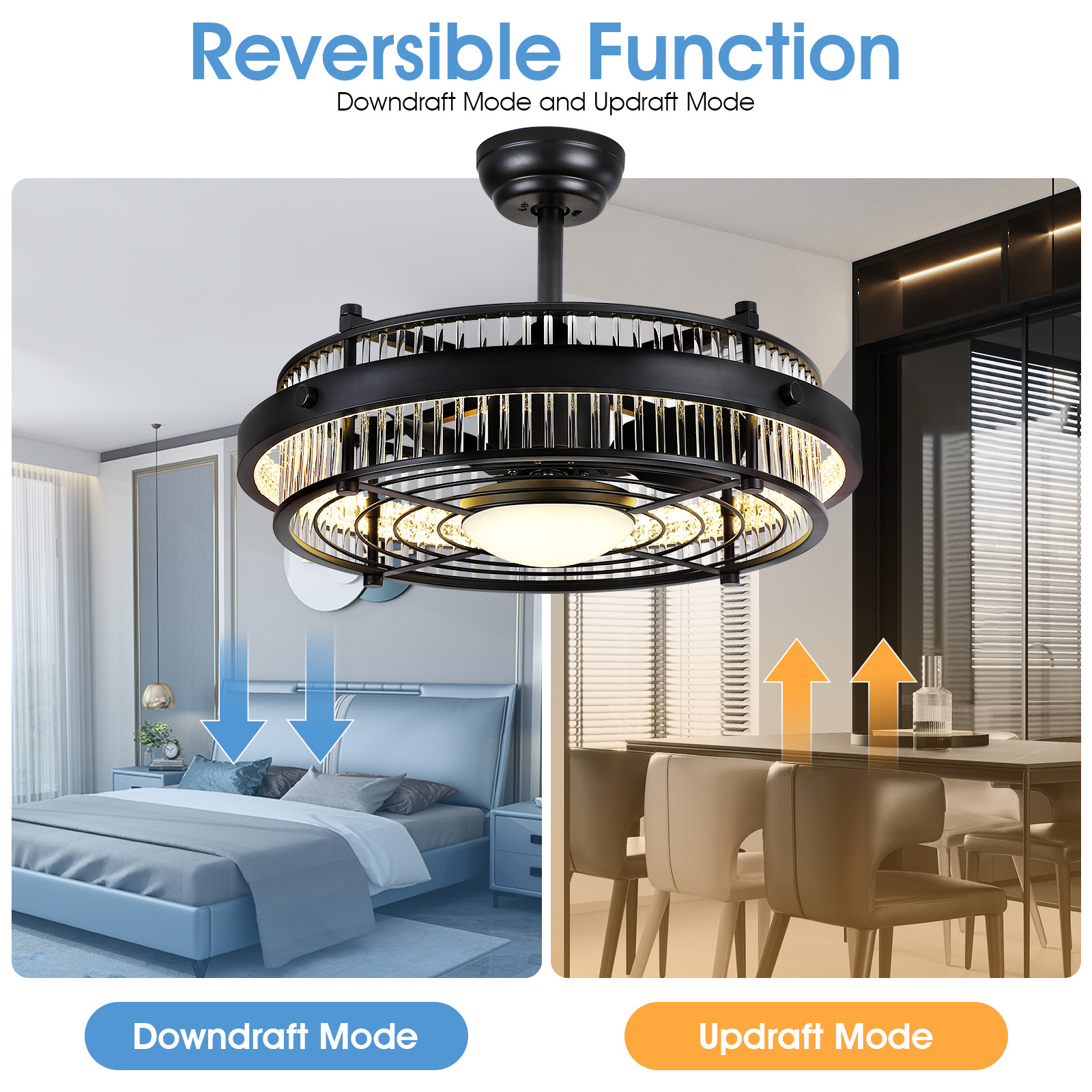 Modern Decorative Black Ceiling Fan Remote Control Crystal Bladeless Caged LED DC Ceiling Fan With Light