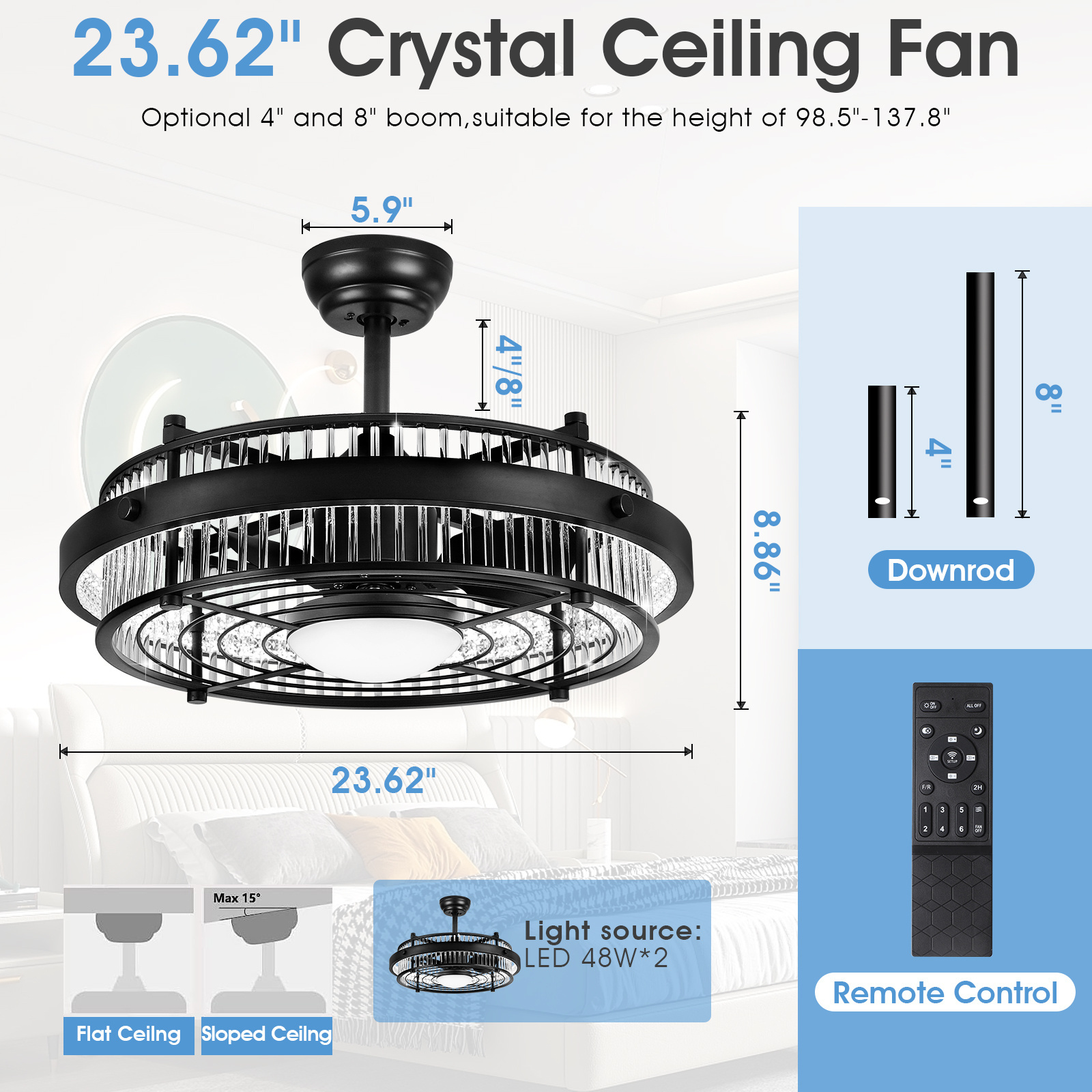 Modern Decorative Black Ceiling Fan Remote Control Crystal Bladeless Caged LED DC Ceiling Fan With Light