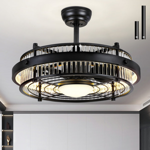 Modern Decorative Black Ceiling Fan Remote Control Crystal Bladeless Caged LED DC Ceiling Fan With Light