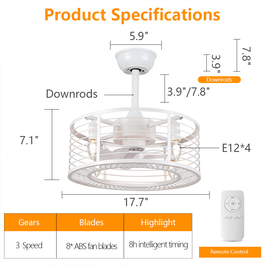 Zhongshan SG 3 Gear 4 Blade Intelligent Remote Control White Light Bladeless Retractable Ceiling Fan LED Bedroom Iron 220V 80 85