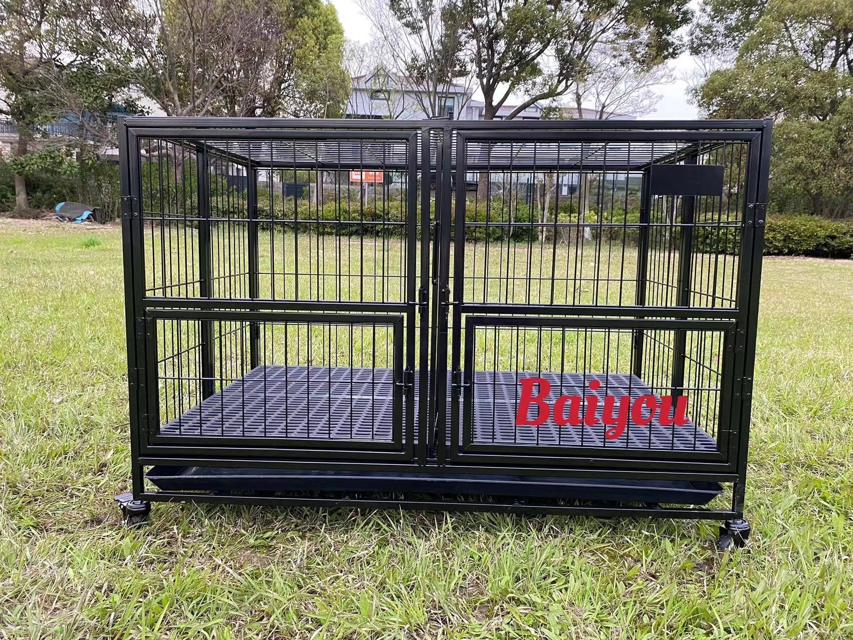 Baiyou 37inch Stackable Open Top Heavy Duty Dog Crate Cage for Medium Dog with High Quality Wheels and Removable Tray