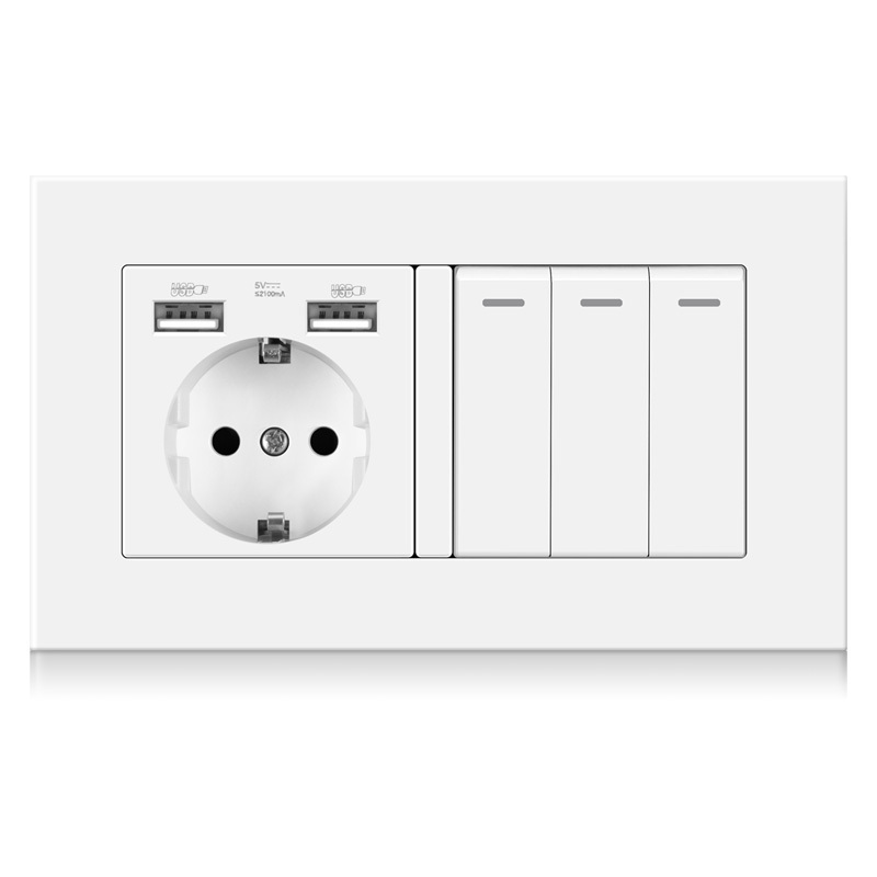 Custom 146*86 PC Panel German Wall Power Socket with 3 Gang LED Light Switches Factory Direct