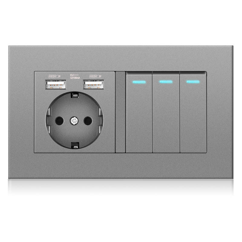 Custom 146*86 PC Panel German Wall Power Socket with 3 Gang LED Light Switches Factory Direct