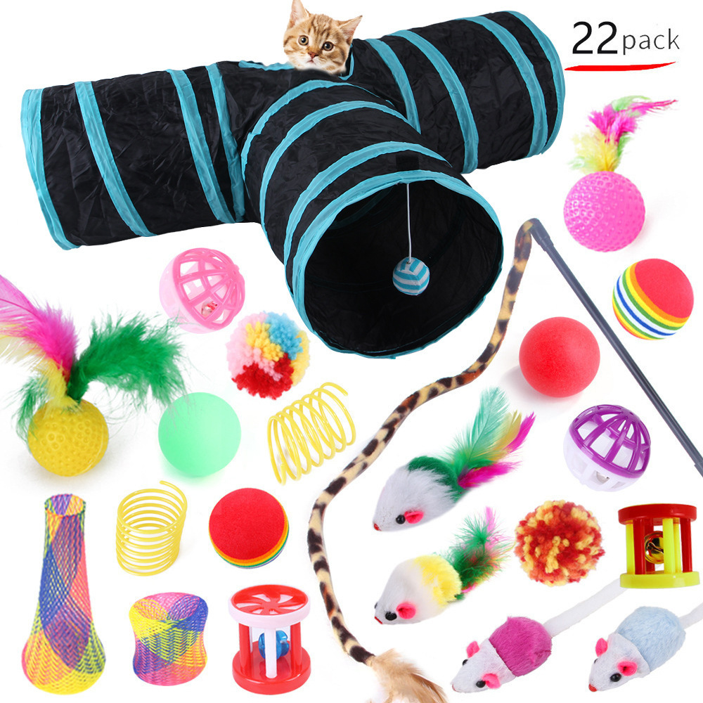 Interactive Cat Toy Set Kitten Toys Pack Tunnel Cat Feather Teaser Wand Toy Fluffy Mouse Crinkle Balls Many Free Combination