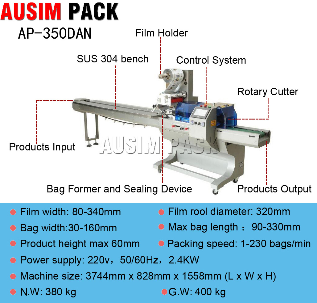 Bread packing machine customized automatic pillow flow packing machine multi-functional wrapping machine sealing biscuit cookies