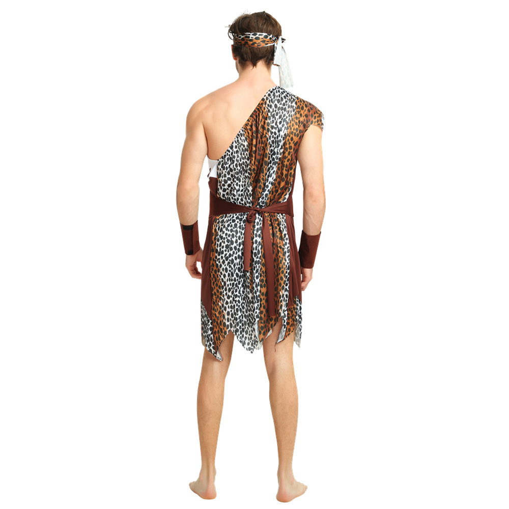 New Style Carnival Halloween Cosplay One-shoulder Leopard Print Savage Jumpsuit for Men's Native Adult Costume