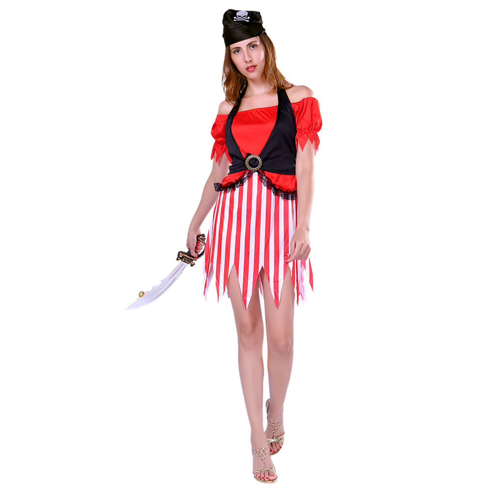 Halloween Female Women Pink Stripe Queen Caribbean Carnival Pirate Costume For Women