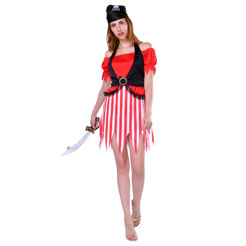 Halloween Female Women Pink Stripe Queen Caribbean Carnival Pirate Costume For Women