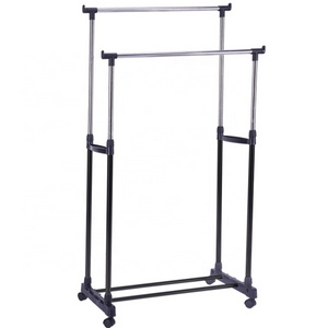 Double pole telescopic foldable garment  rack stand clothes shoes drying rack hanger with wheel