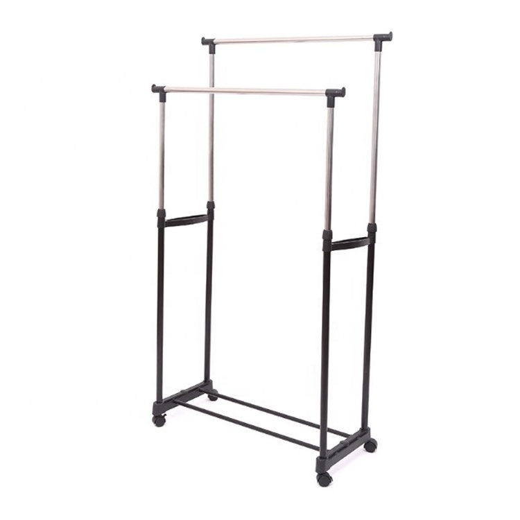 Double pole telescopic foldable garment  rack stand clothes shoes drying rack hanger with wheel