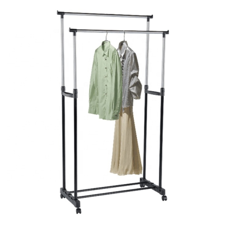 Double pole telescopic foldable garment  rack stand clothes shoes drying rack hanger with wheel