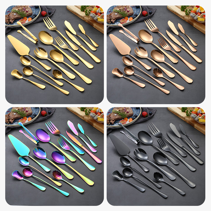 Wholesale Custom Classic Silverware Golden Cutlery Set Kitchen Tong Shovel Stainless Steel Steak Knife Set Bulk Gold Flatware