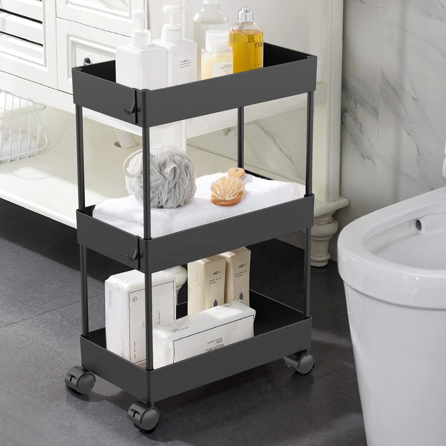 3 Tier Bathroom Storage Cart with Wheels Slide Out Bathroom Cart Organizer for Bathroom Laundry Kitchen Narrow Places