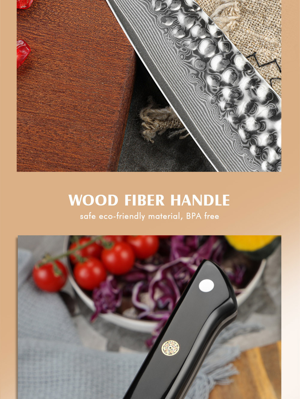 Amber Black fiber wood handle damascus knife kitchen damascus knife vg10 japanese damascus knife with black wood sheath