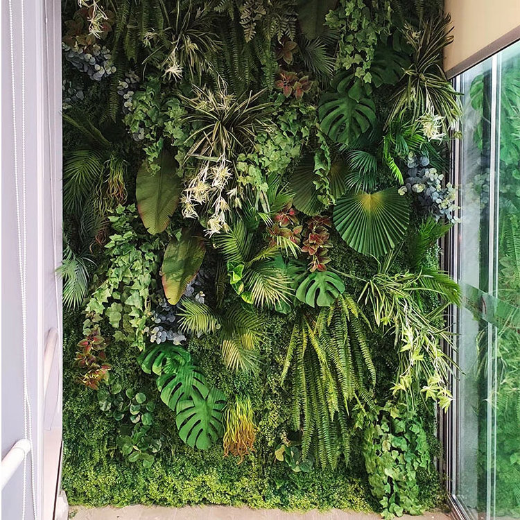 Simulation Jungle Style Wall Covering Decorative Hanging Plants Fake Grass Panel Plastic Green Artificial Plant with Flowers