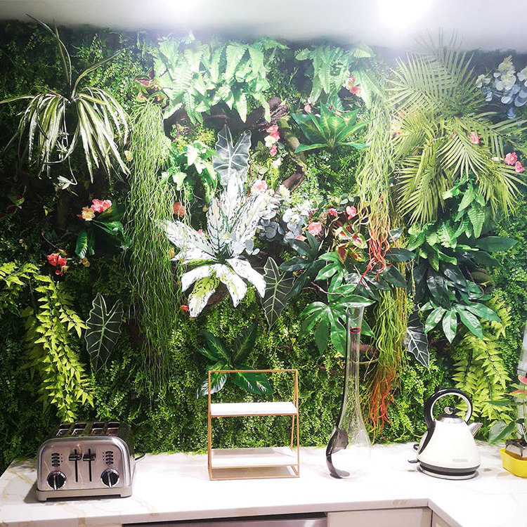 Simulation Jungle Style Wall Covering Decorative Hanging Plants Fake Grass Panel Plastic Green Artificial Plant with Flowers