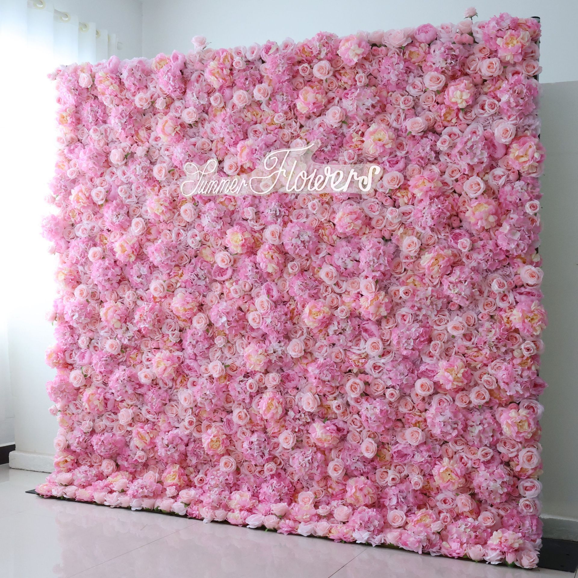 Wedding Decoration 3D Rolled Up Cloth Backing Pink Silk Hydrangeas Rose Artificial Fabric Flower Wall for Party