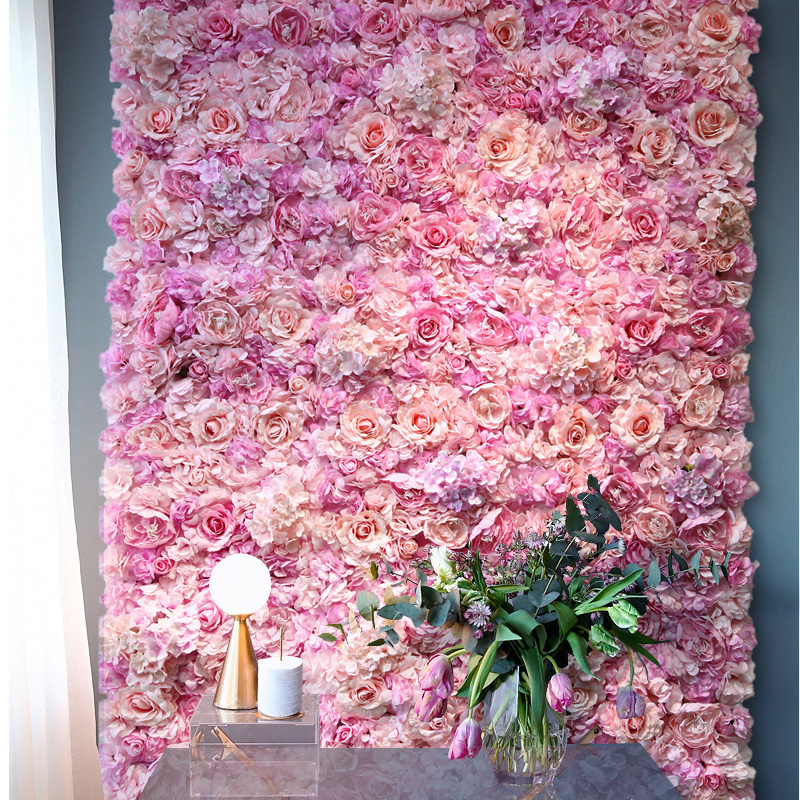 Artificial Floral Flower Wall Panel Wedding Venue Backdrop Pink Color Roll Up Flower Wall Backdrop 3D Effect Wall