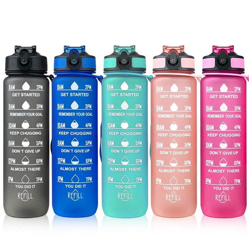 MKAS Workout Sport Custom Logo Insulated Straw Strainer Tritan 1L Plastic Motivational Water Bottles with Time Marker