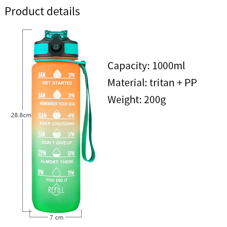 MKAS Workout Sport Custom Logo Insulated Straw Strainer Tritan 1L Plastic Motivational Water Bottles with Time Marker