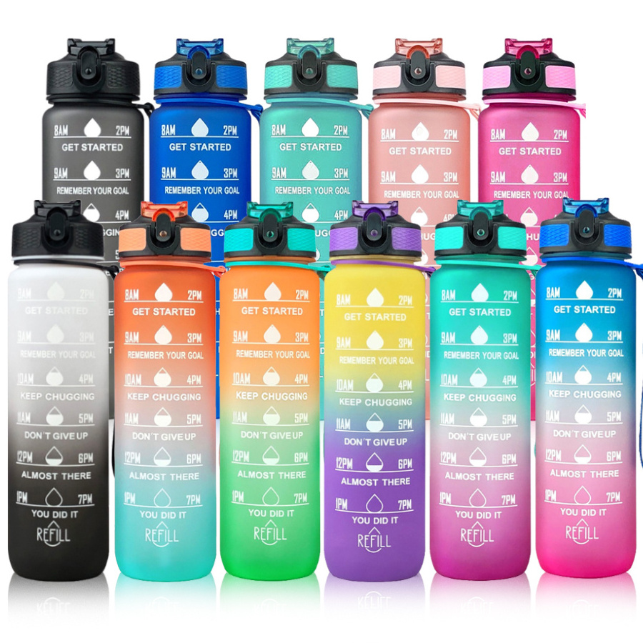 MKAS Workout Sport Custom Logo Insulated Straw Strainer Tritan 1L Plastic Motivational Water Bottles with Time Marker