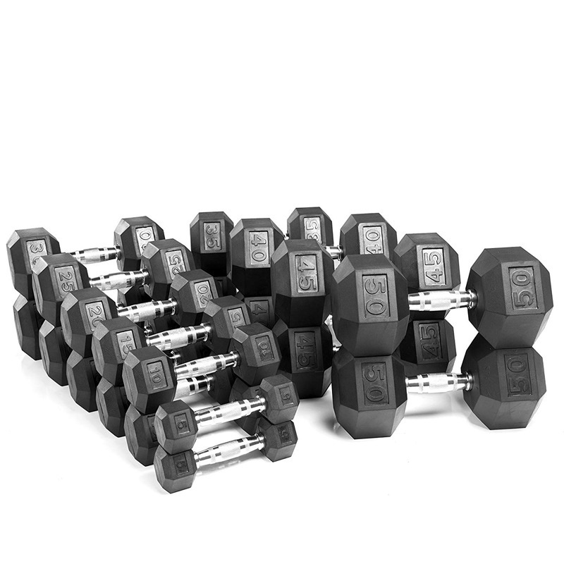 MKAS Weights Fixed Rubber Coated Cheap 50Kg Hex Hexagonal Dumbbell 5Kg Kg Lbs Set 50Kg Chromed Gym Rubber Hex Dumbbells