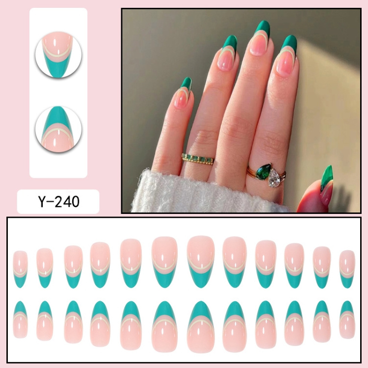 French tip press on nail Medium length with green decoration stick on nail for women