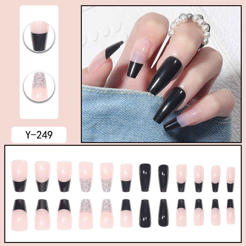 24pcs French Tip press on nails Mid Long Ballet Nail Art black color Winter style