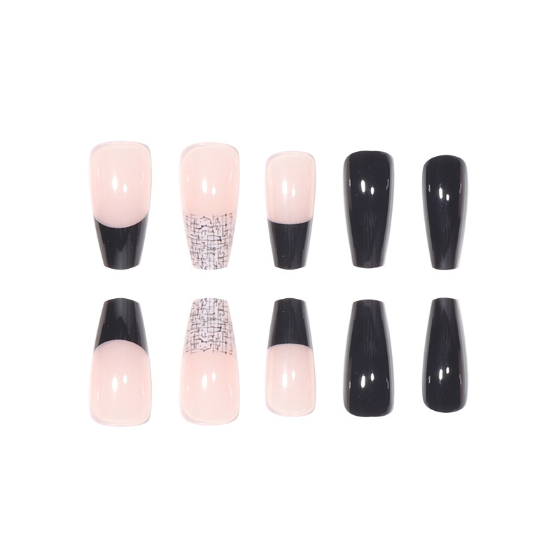 24pcs French Tip press on nails Mid Long Ballet Nail Art black color Winter style