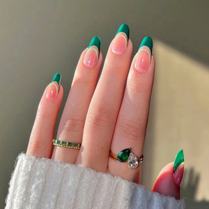 French tip press on nail Medium length with green decoration stick on nail for women