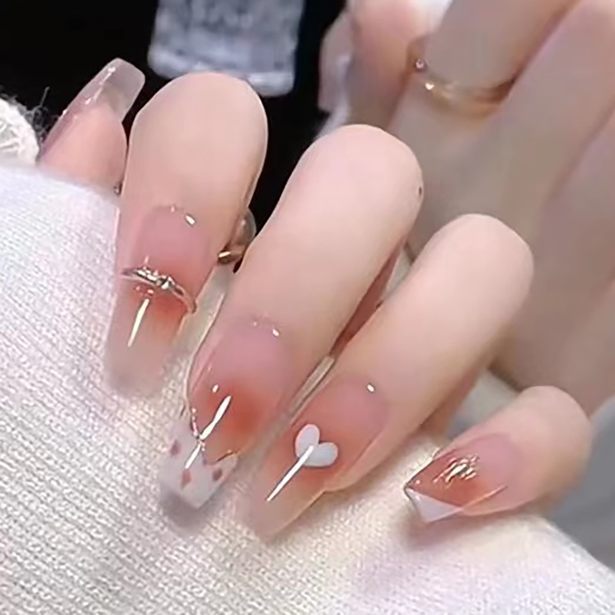 Temooi Wholesale Long Ballerina Cute Heart Press On Nails With Nail Glue 24Pcs ABS False Nails