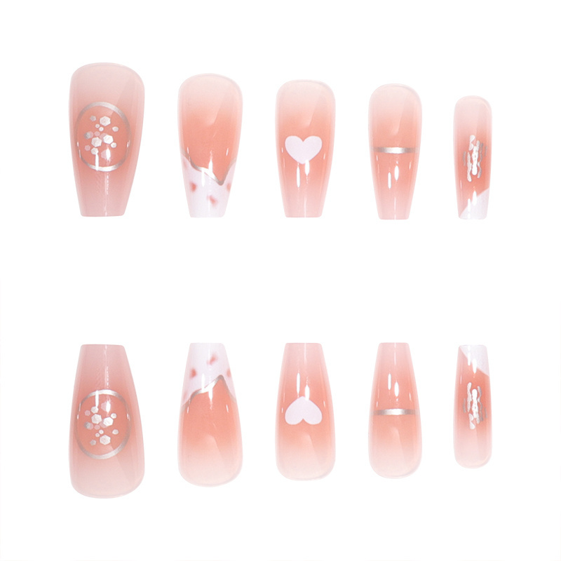 Temooi Wholesale Long Ballerina Cute Heart Press On Nails With Nail Glue 24Pcs ABS False Nails